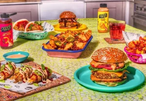 A-table-with-a-variety-of-vegan-fast-food-from-Biff_s-jack-shack