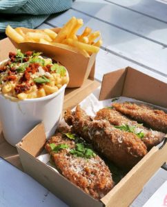 Crispy garlic and parmesan chick’n with chips and Mac N’ Cheese - Temple of Seitan in London