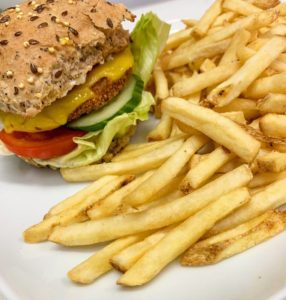 Quinoa & Brown Rice protein gluten free BURGER with fries by Loving Hut